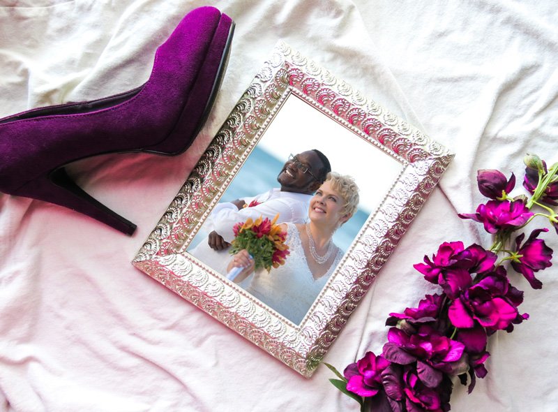 Wedding frame with red shoe and flower